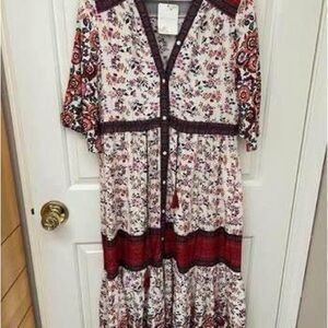Floral Bohemian Maxi Dress - Red and White Size Medium NWT